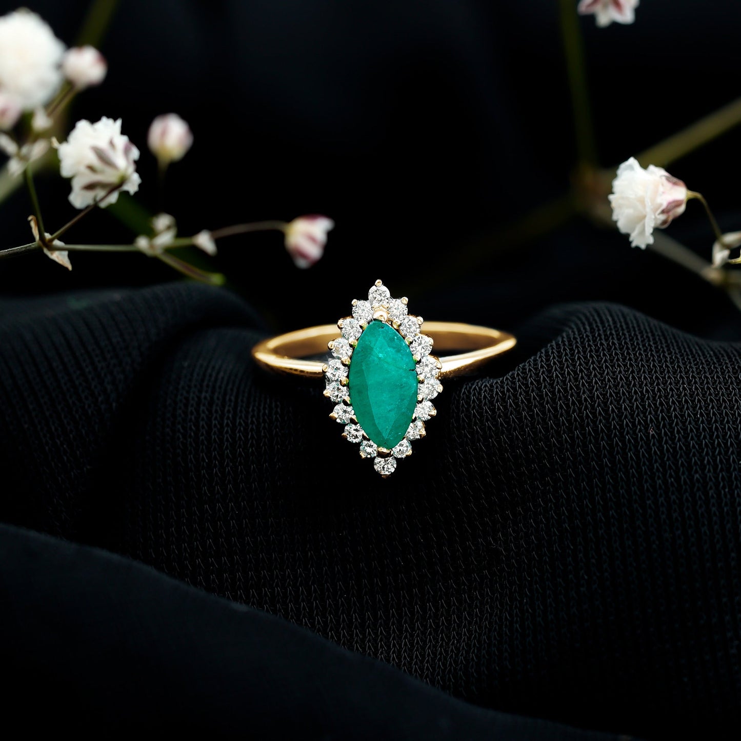 Elongated Marquise Cut Emerald Engagement Ring with Diamond Halo