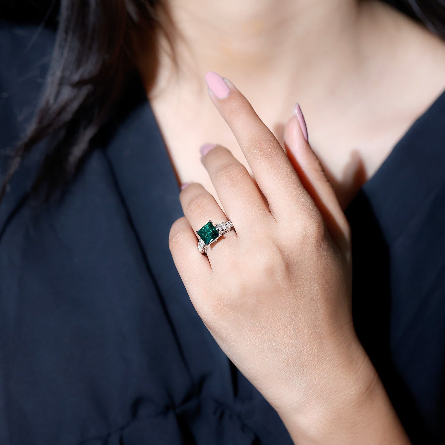 Princess Cut Lab Grown Emerald Solitaire Engagement Ring with Diamond