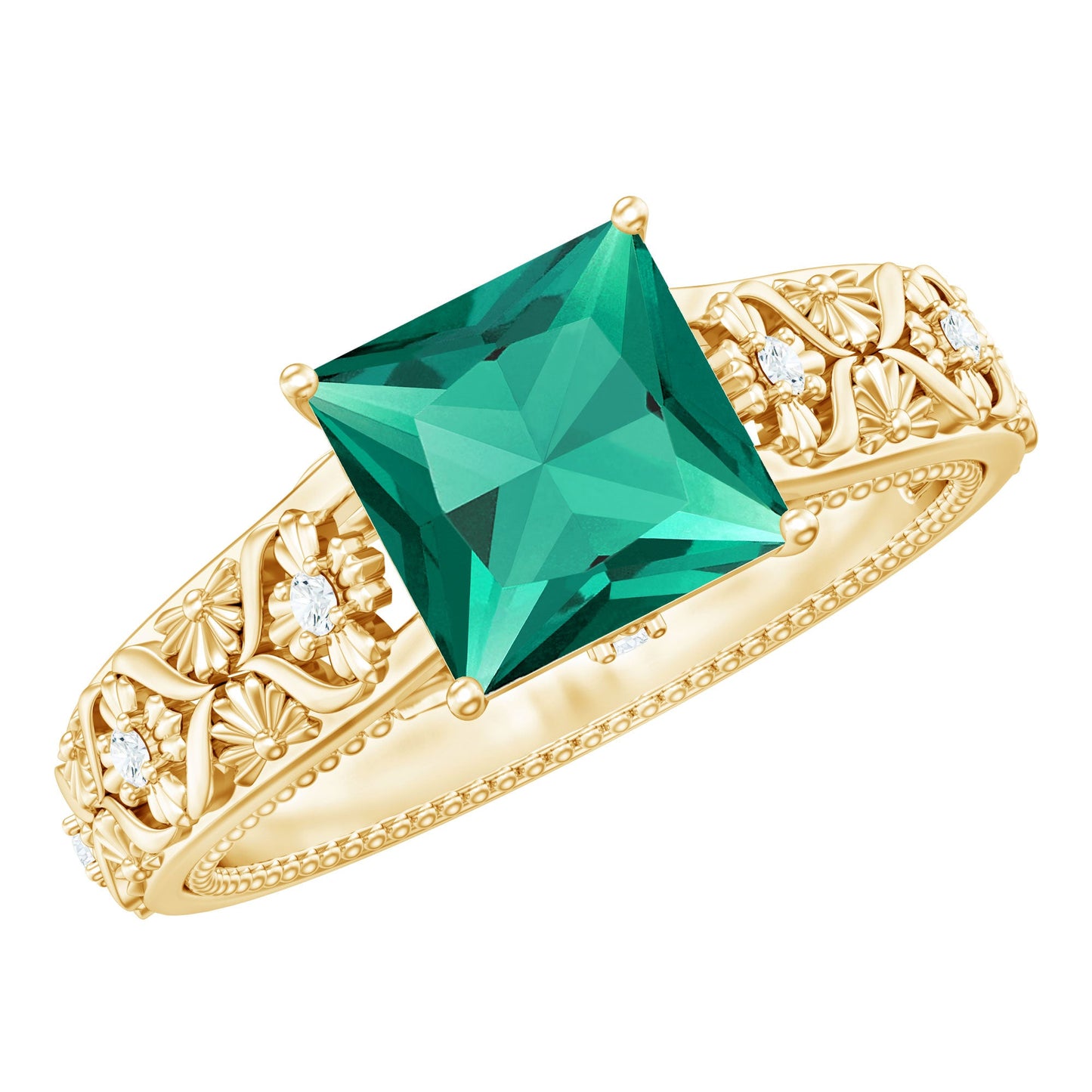 Princess Cut Lab Grown Emerald Solitaire Engagement Ring with Diamond