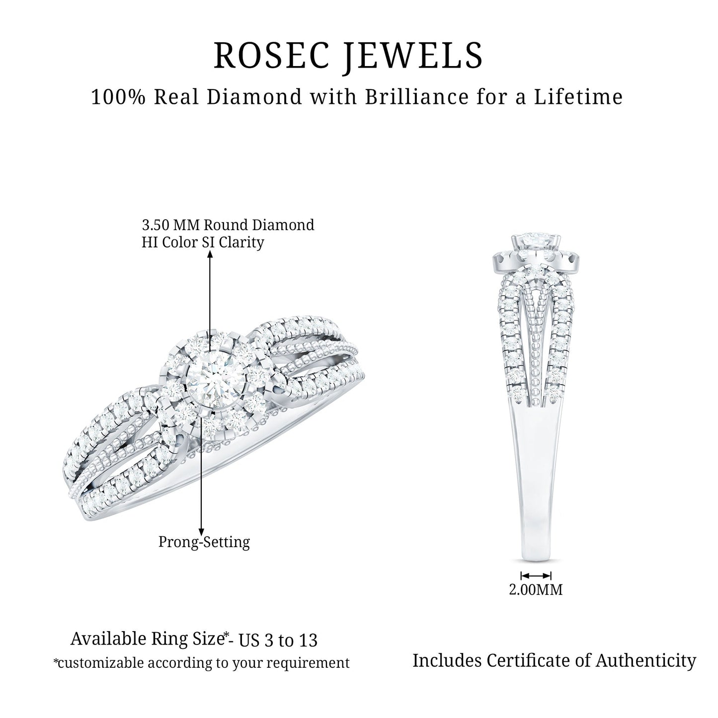 Real Diamond Designer Engagement Ring in Split Shank