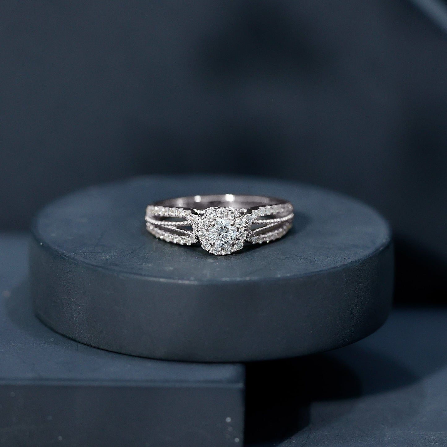 Real Diamond Designer Engagement Ring in Split Shank