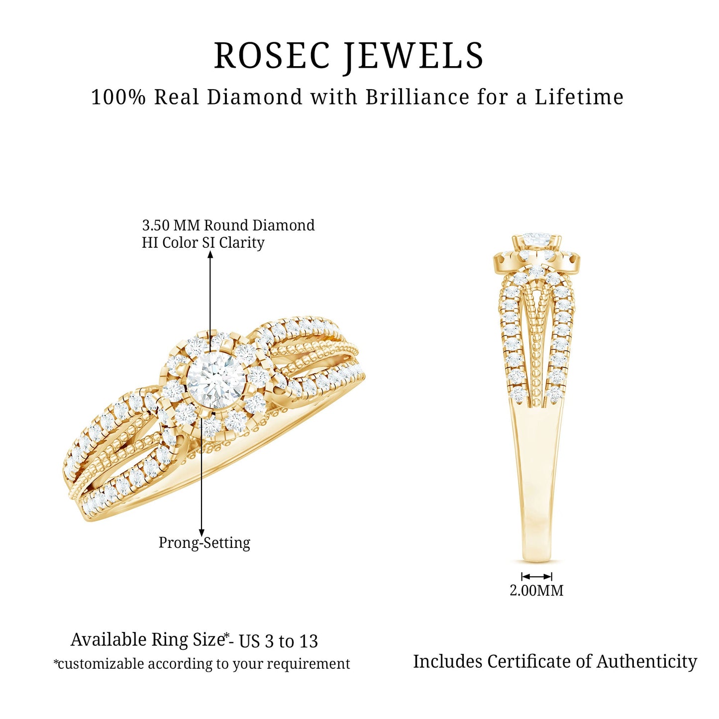 Real Diamond Designer Engagement Ring in Split Shank