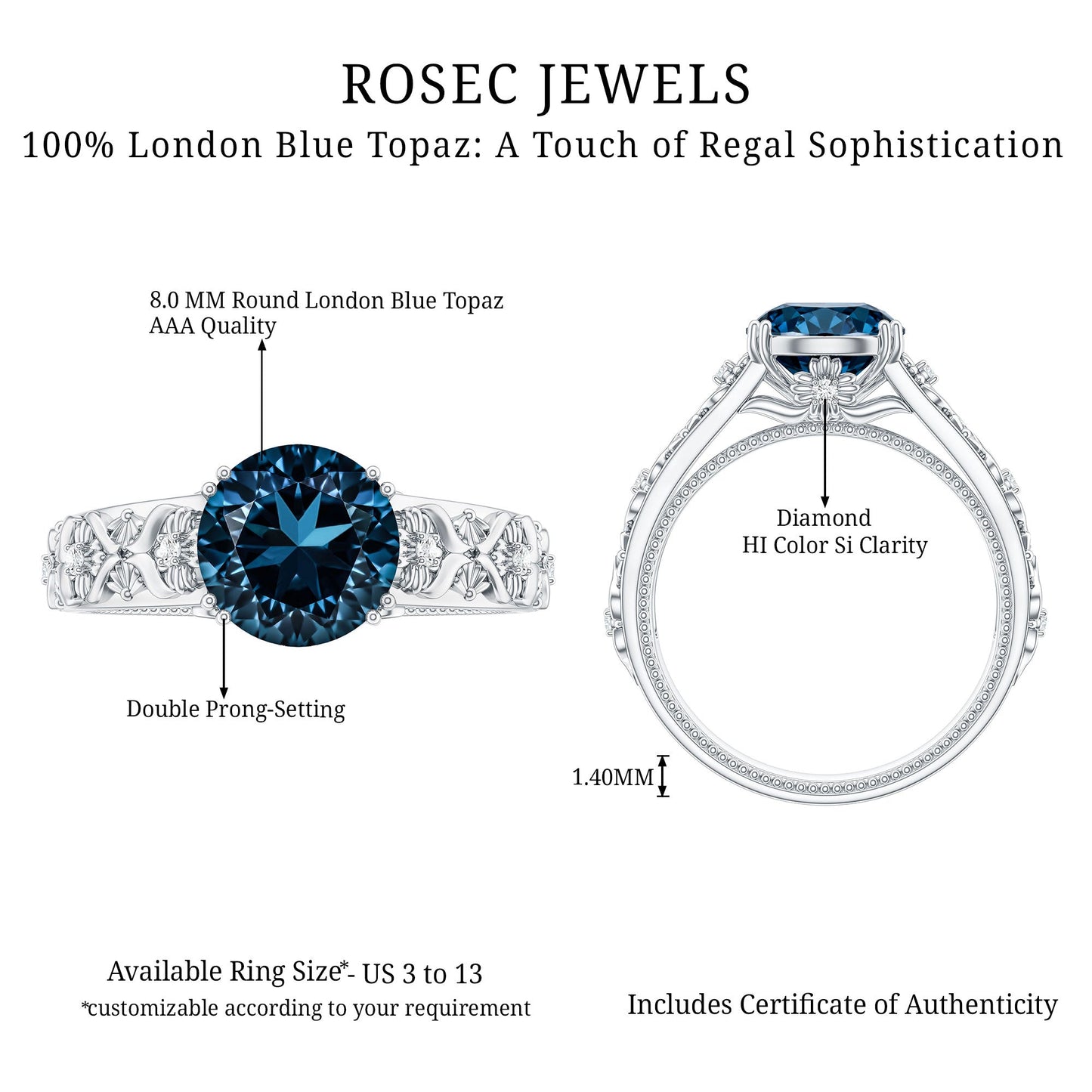 2 Carat Round London Blue Topaz Vintage Engagement Ring with Certificate