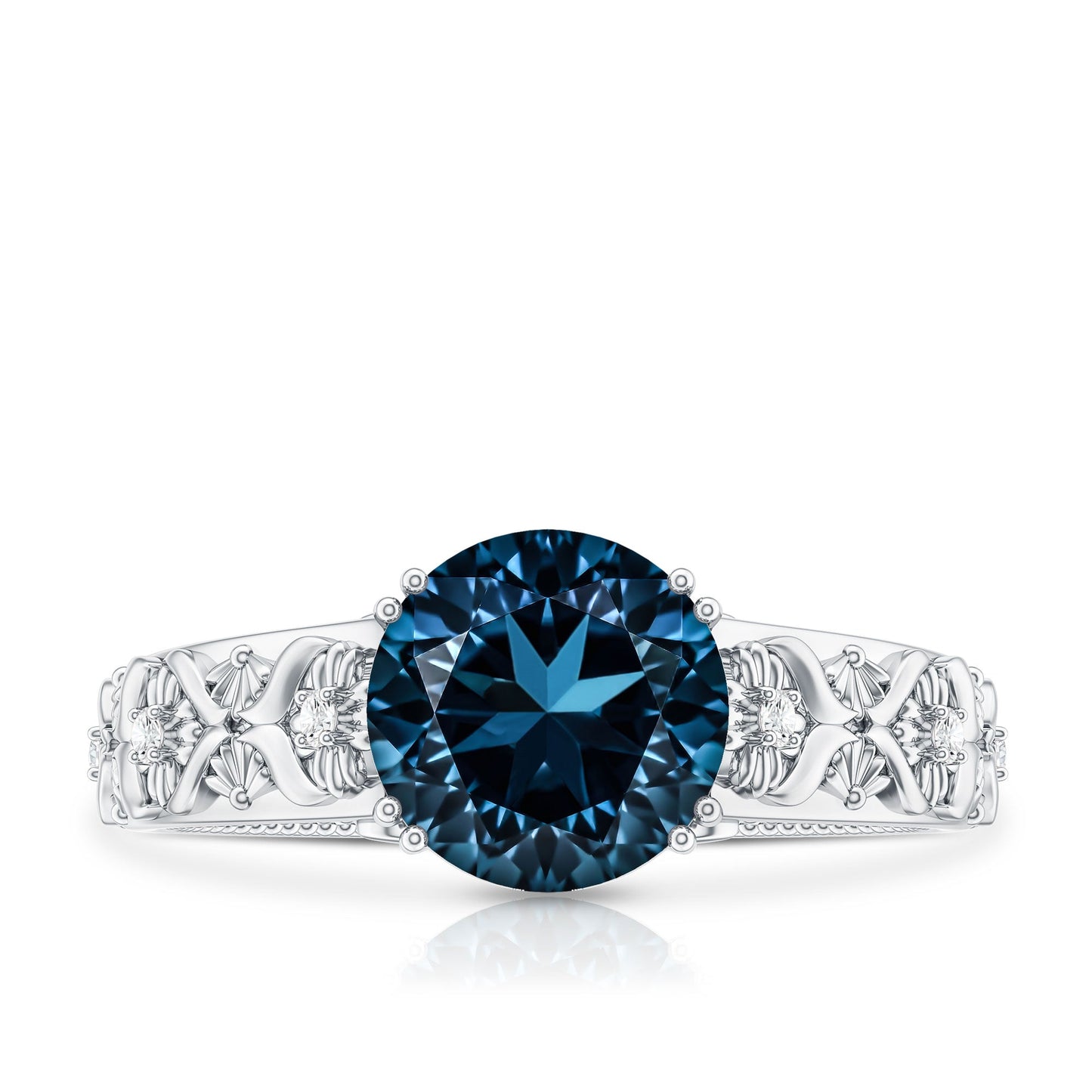 2 Carat Round London Blue Topaz Vintage Engagement Ring with Certificate