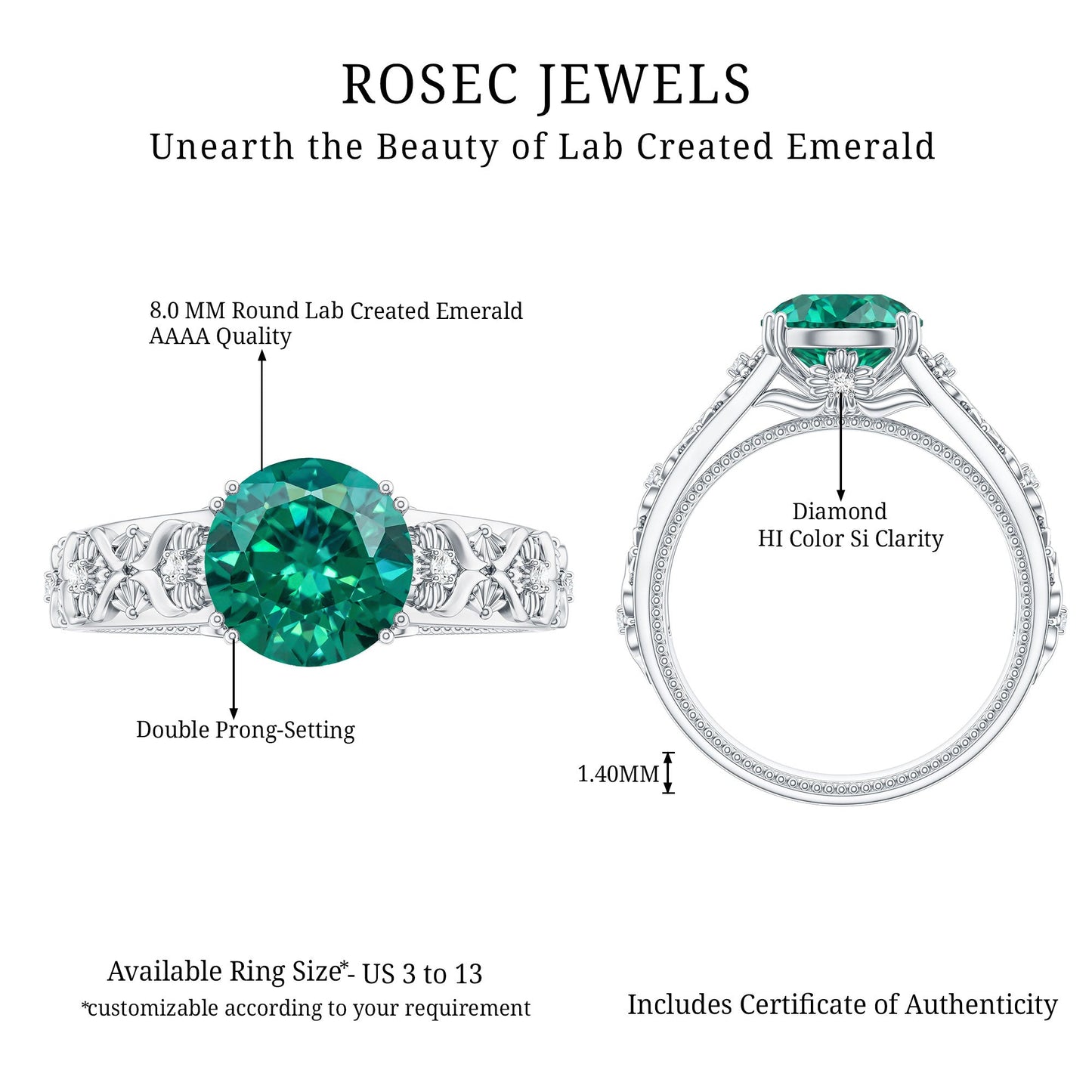 2 Carat Round Lab Created Emerald Antique Looking Engagement Ring with Diamond