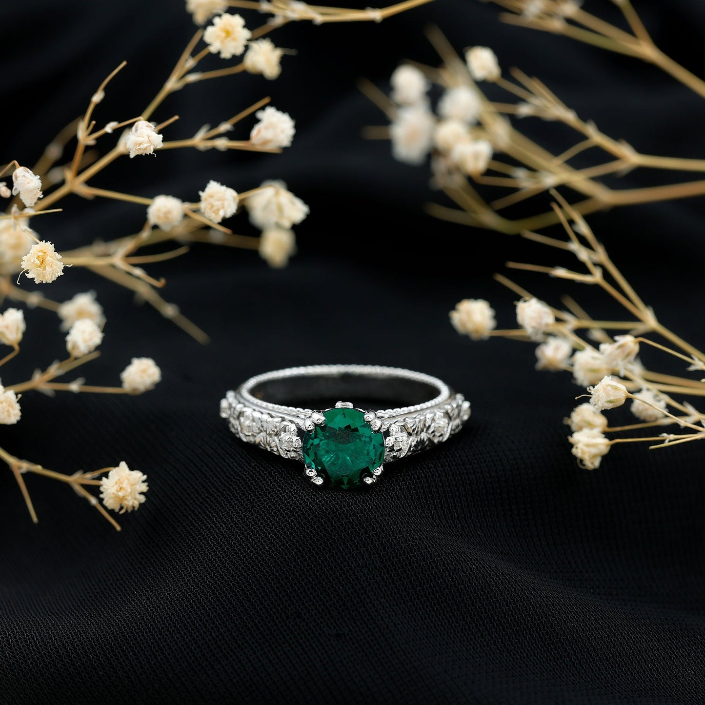 2 Carat Round Lab Created Emerald Antique Looking Engagement Ring with Diamond