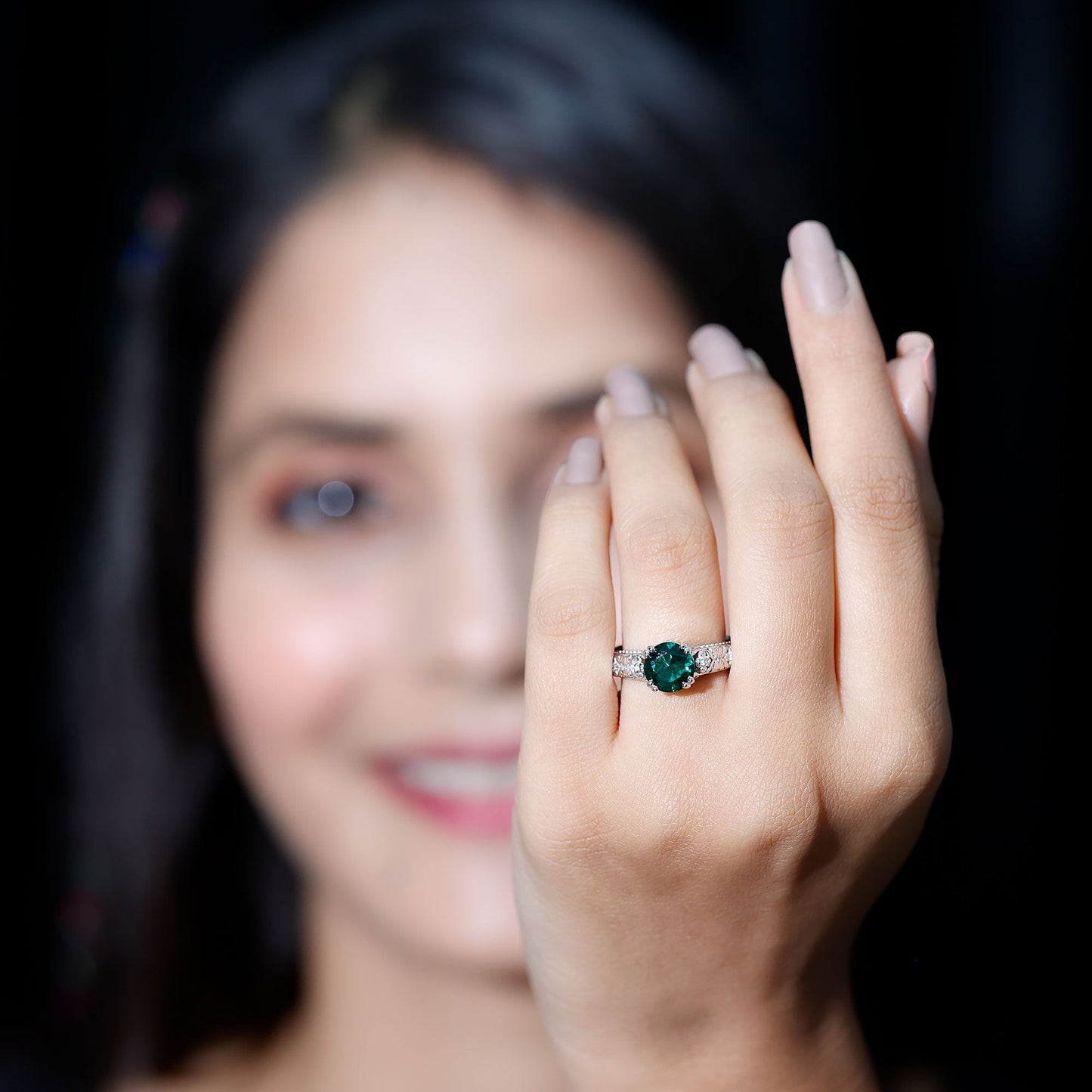 2 Carat Round Lab Created Emerald Antique Looking Engagement Ring with Diamond