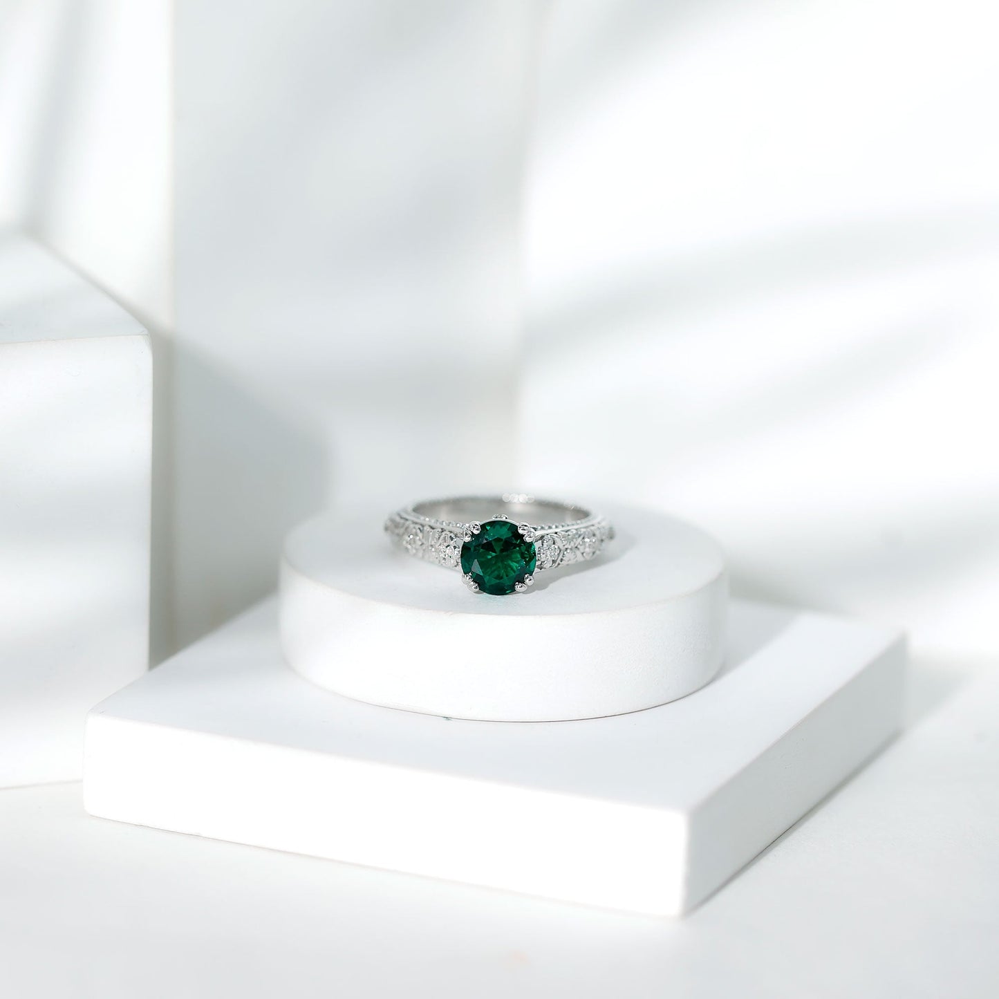 2 Carat Round Lab Created Emerald Antique Looking Engagement Ring with Diamond