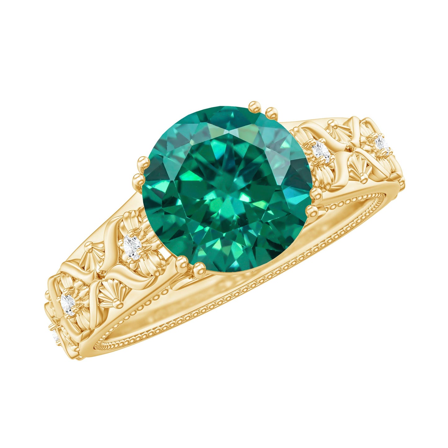 2 Carat Round Lab Created Emerald Antique Looking Engagement Ring with Diamond