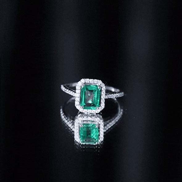 1.6 Carat Emerald Cut Lab Created Emerald Engagement Ring With Moissanite Halo