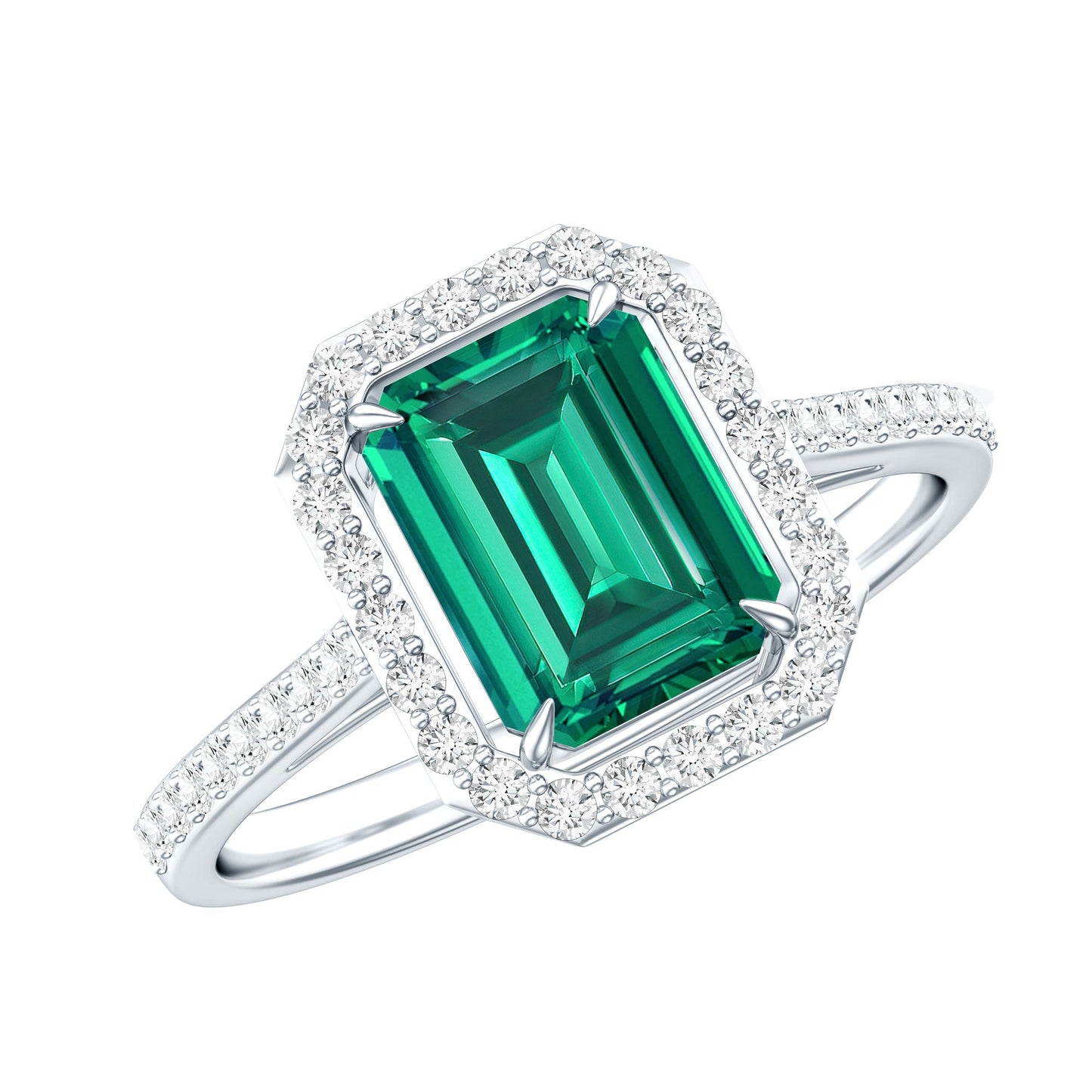 1.6 Carat Emerald Cut Lab Created Emerald Engagement Ring With Moissanite Halo