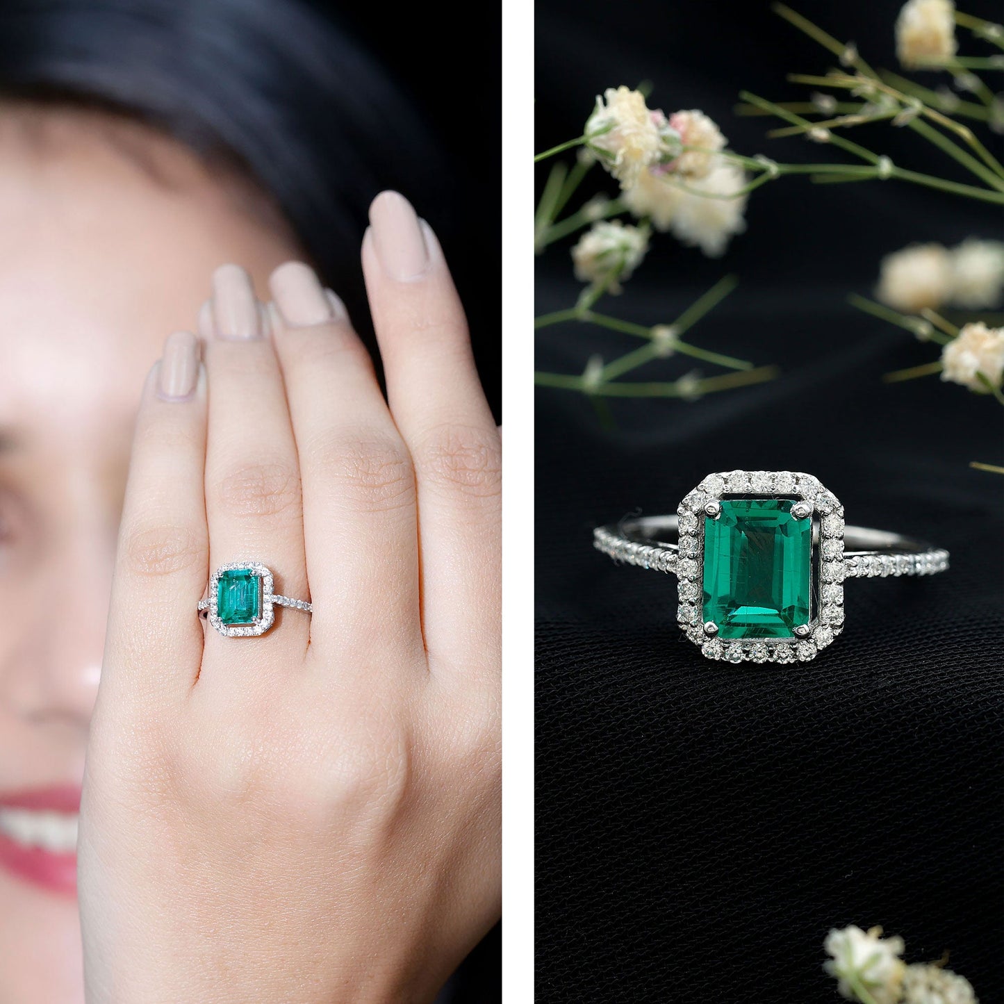 1.6 Carat Emerald Cut Lab Created Emerald Engagement Ring With Moissanite Halo