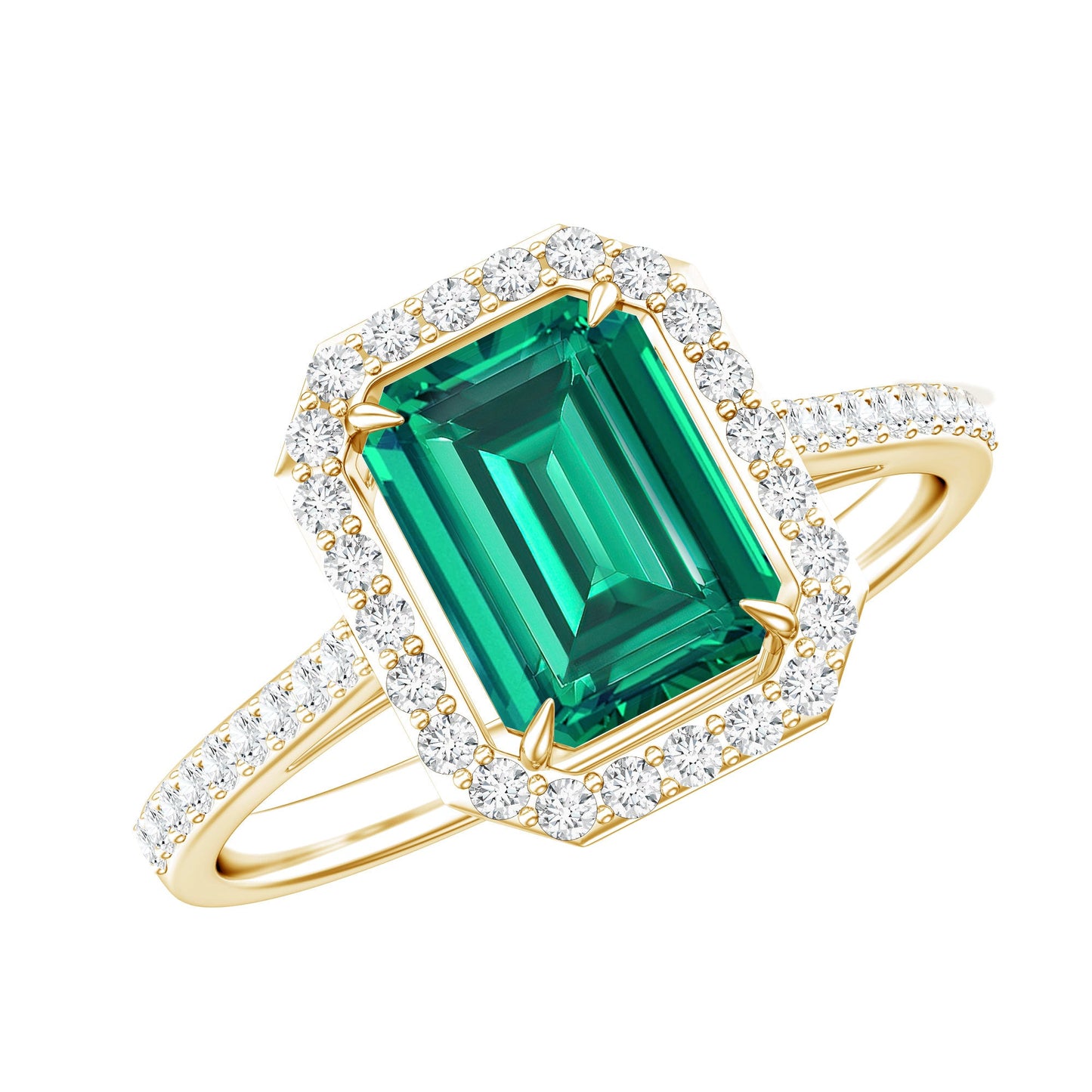 1.6 Carat Emerald Cut Lab Created Emerald Engagement Ring With Moissanite Halo