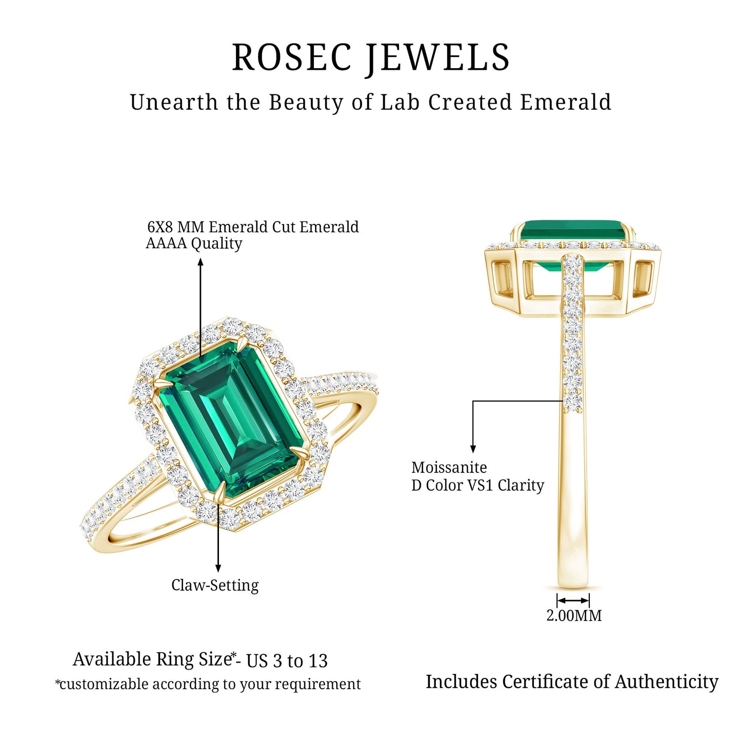 1.6 Carat Emerald Cut Lab Created Emerald Engagement Ring With Moissanite Halo