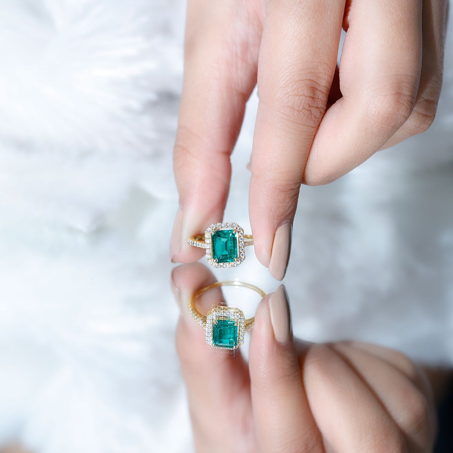 1.6 Carat Emerald Cut Lab Created Emerald Engagement Ring With Moissanite Halo