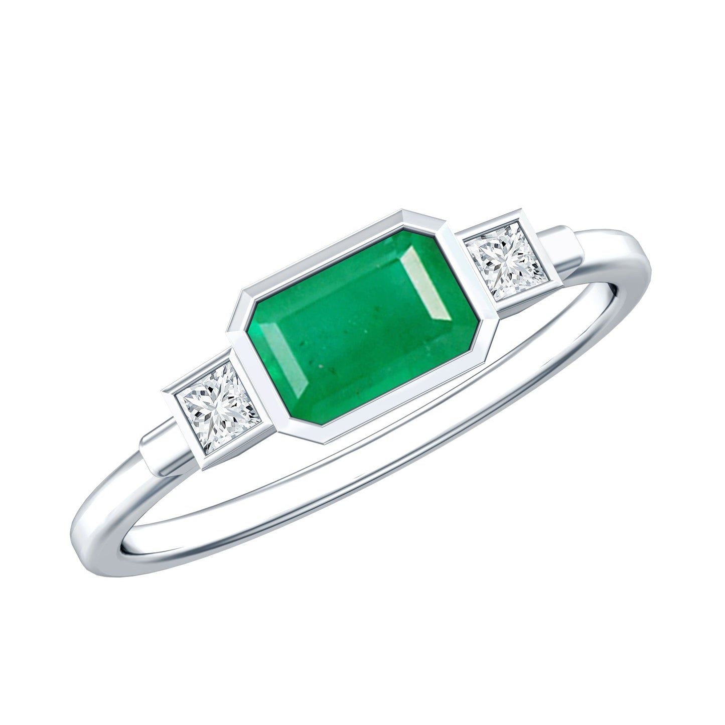 Octagon shape Emerald and Diamond East-West Promise Ring in Bezel Setting