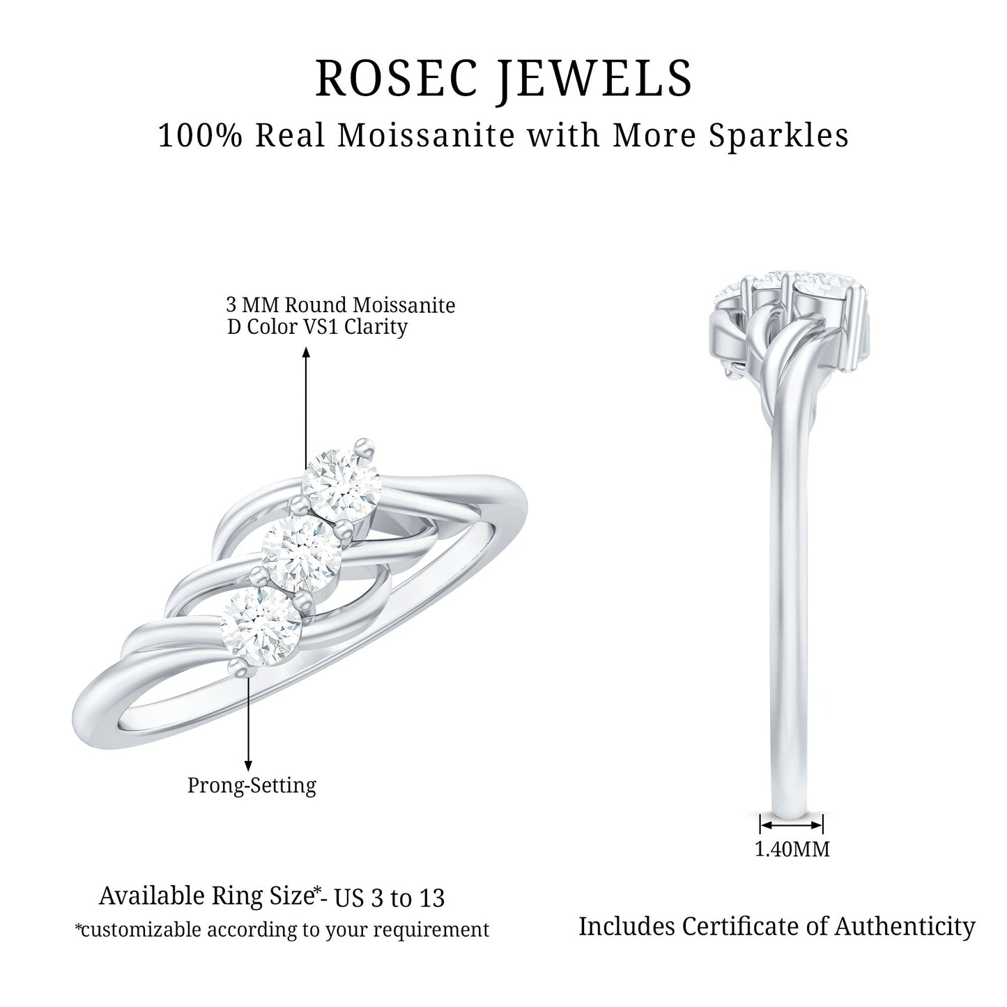 Certified Round Moissanite Three Stone Engagement Ring