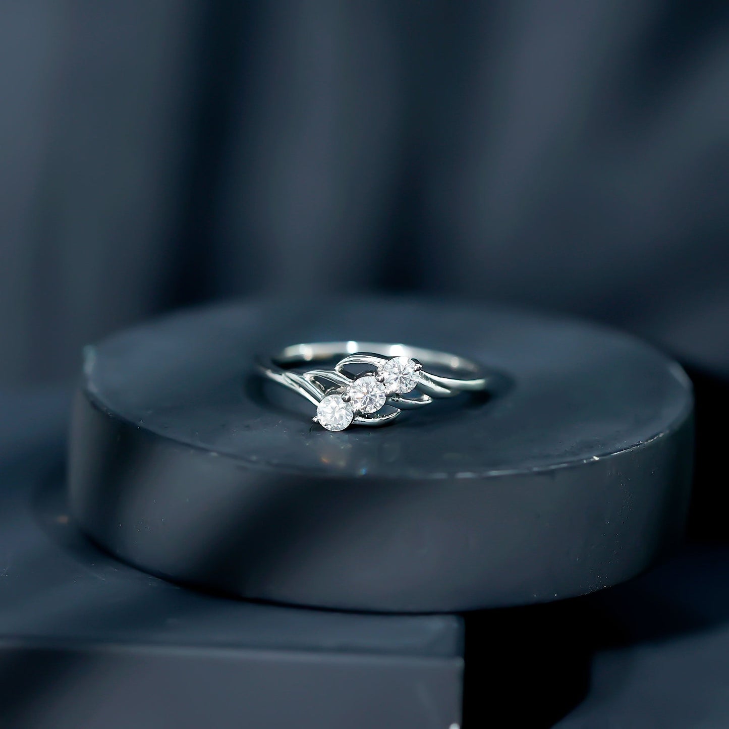 Certified Round Moissanite Three Stone Engagement Ring