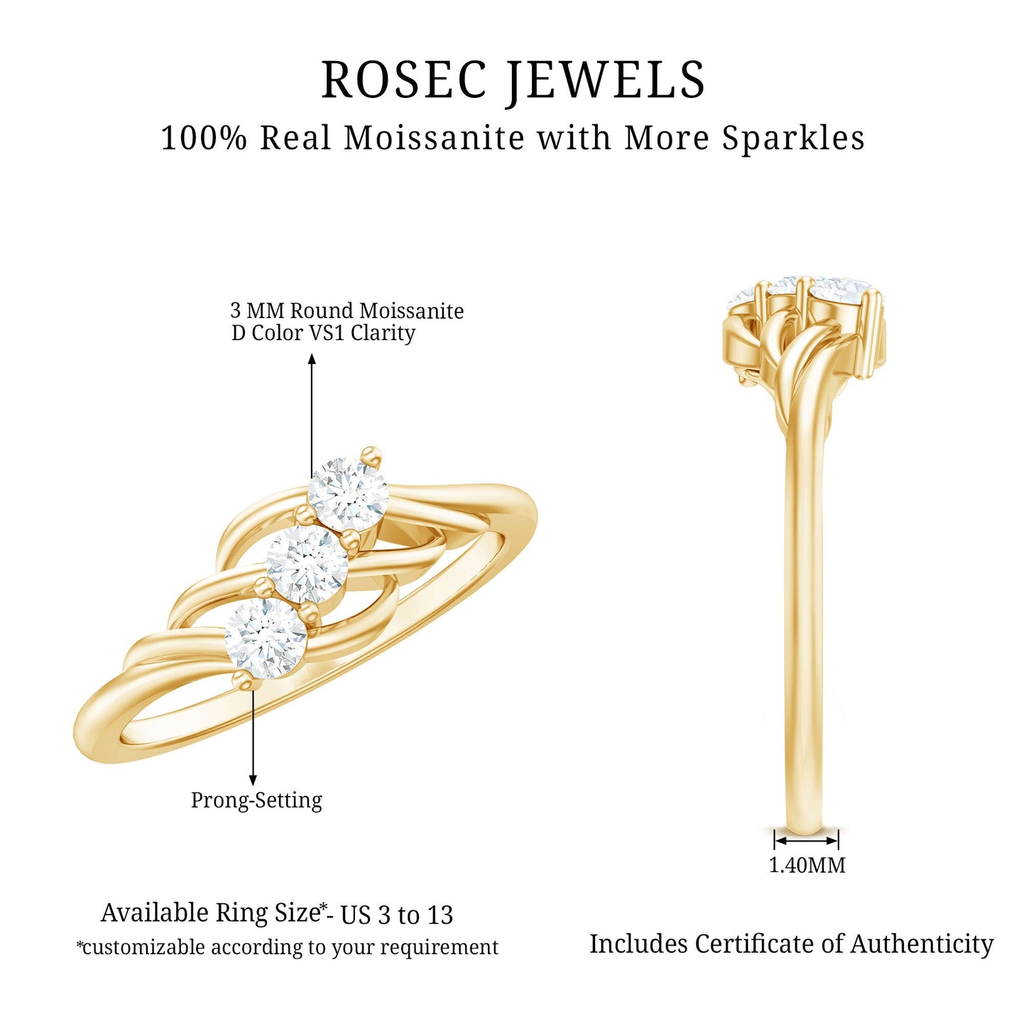 Certified Round Moissanite Three Stone Engagement Ring