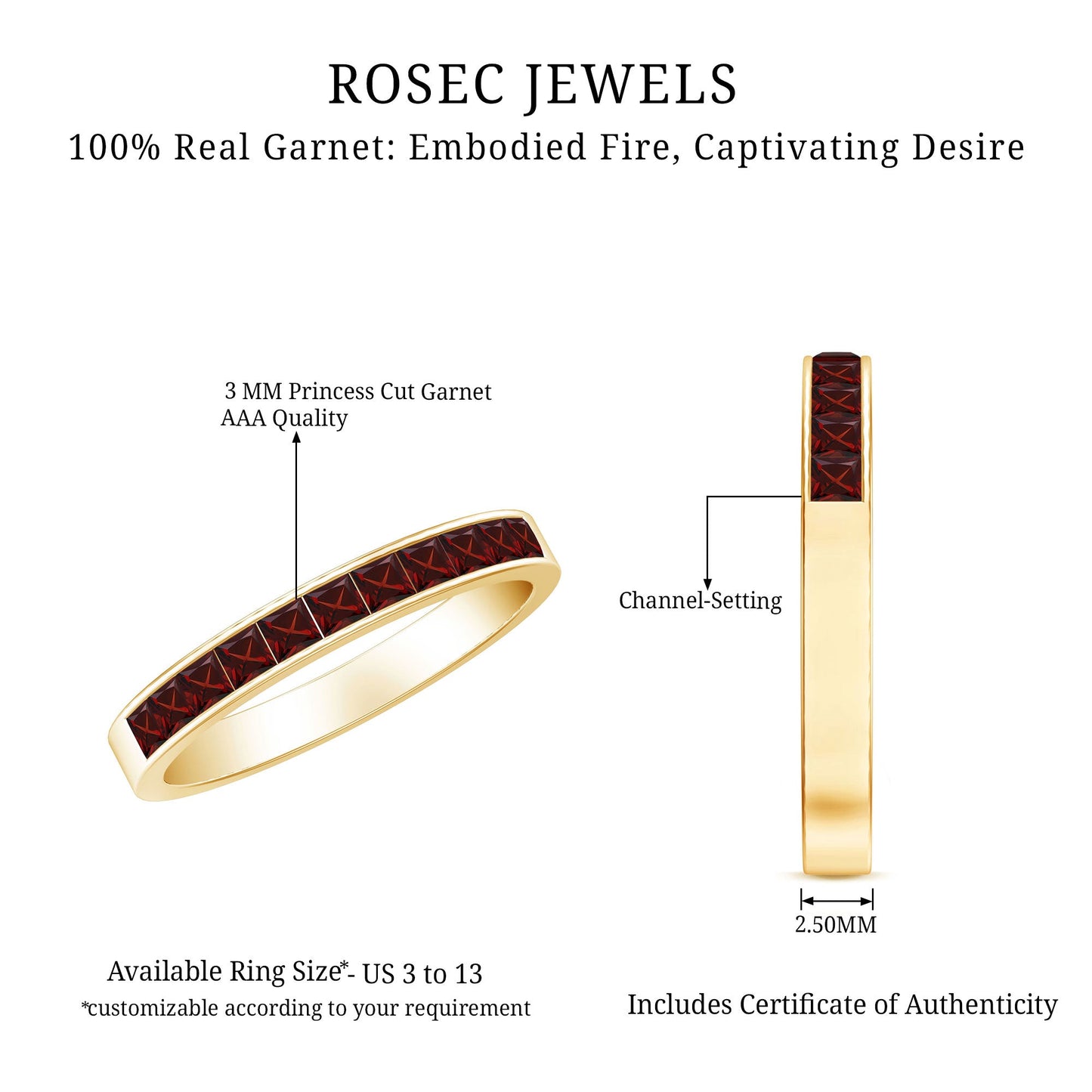Natural Princess Cut Garnet Half Eternity Ring in Channel Set