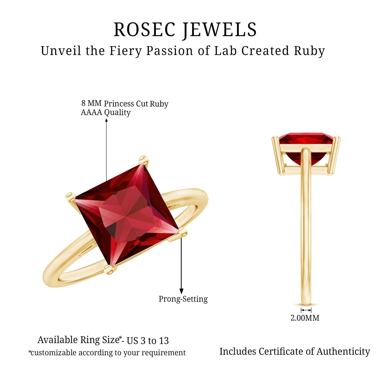 2.5 Carat Princess Cut Lab Created Ruby Solitaire Ring