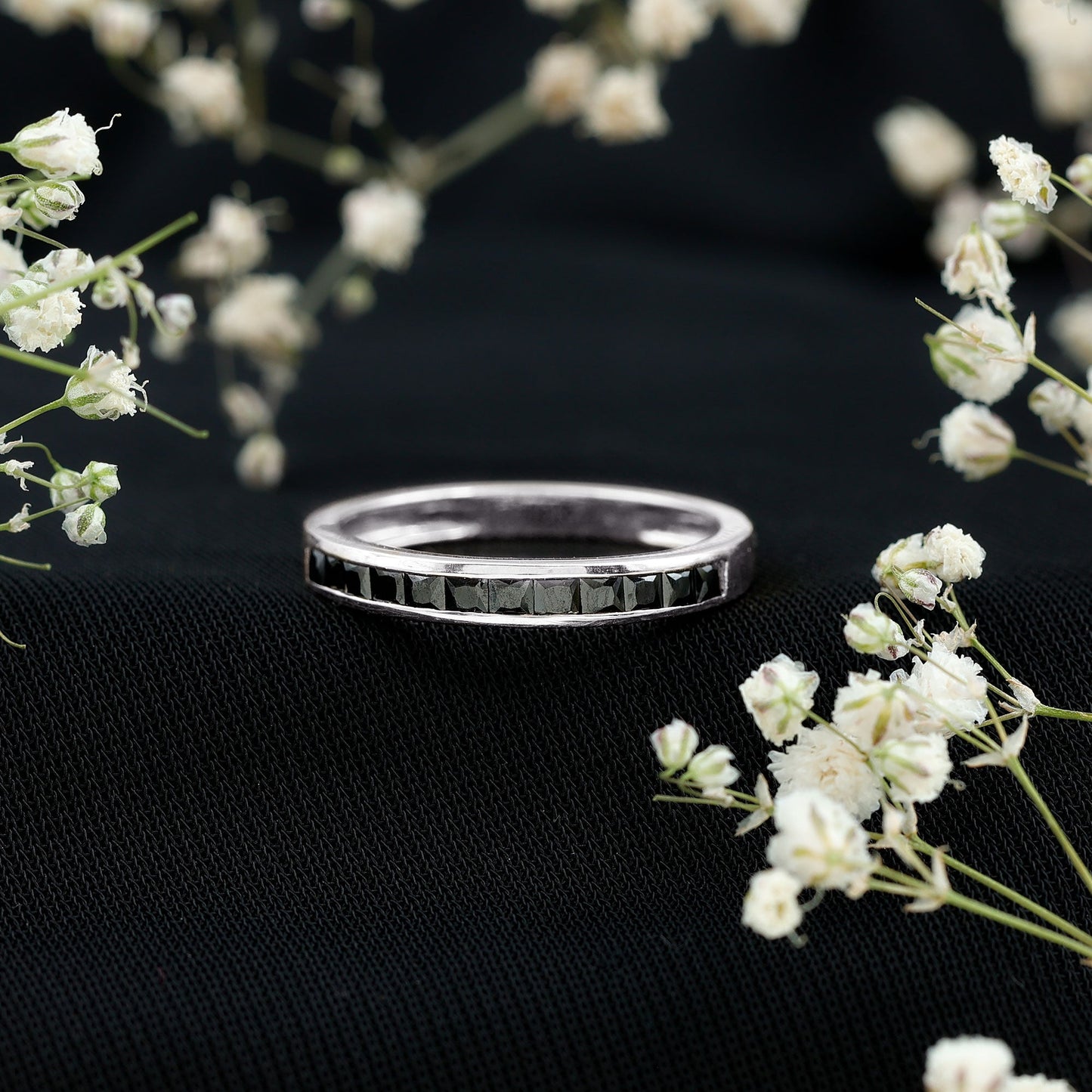 Princess Cut Black Onyx Half Eternity Band in Channel Setting
