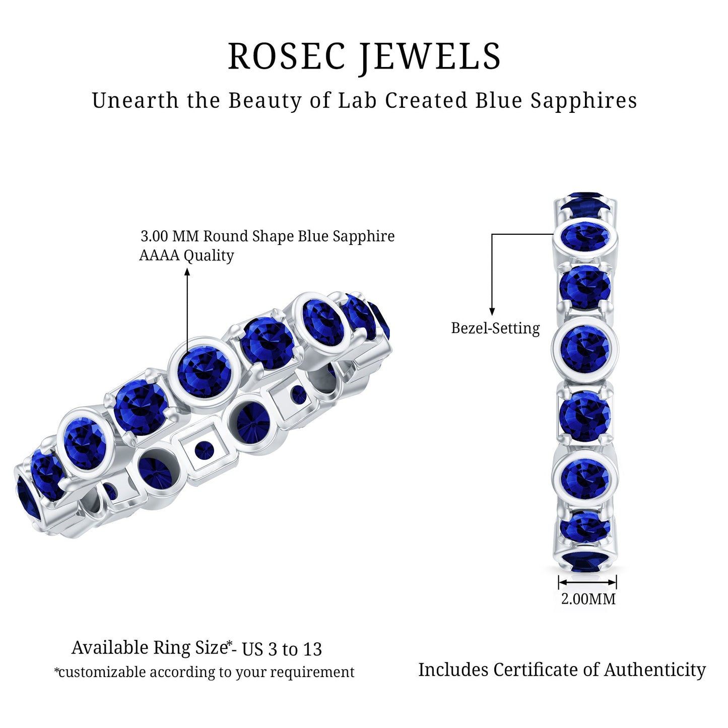 Certified Round Cut Lab Grown Blue Sapphire Eternity Band Ring