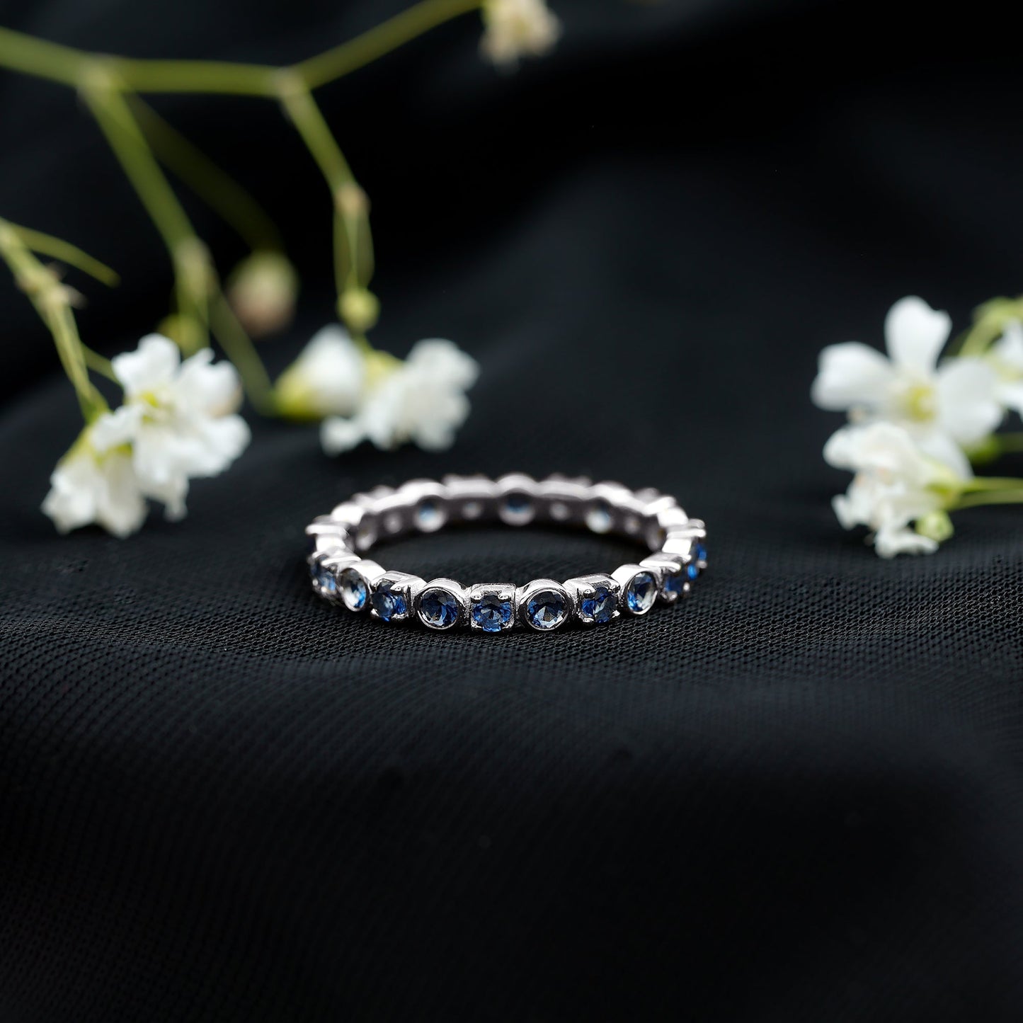 Certified Round Cut Lab Grown Blue Sapphire Eternity Band Ring