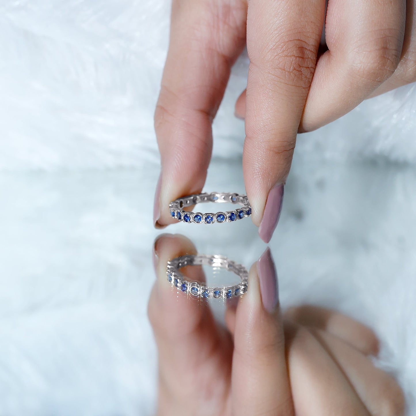Certified Round Cut Lab Grown Blue Sapphire Eternity Band Ring