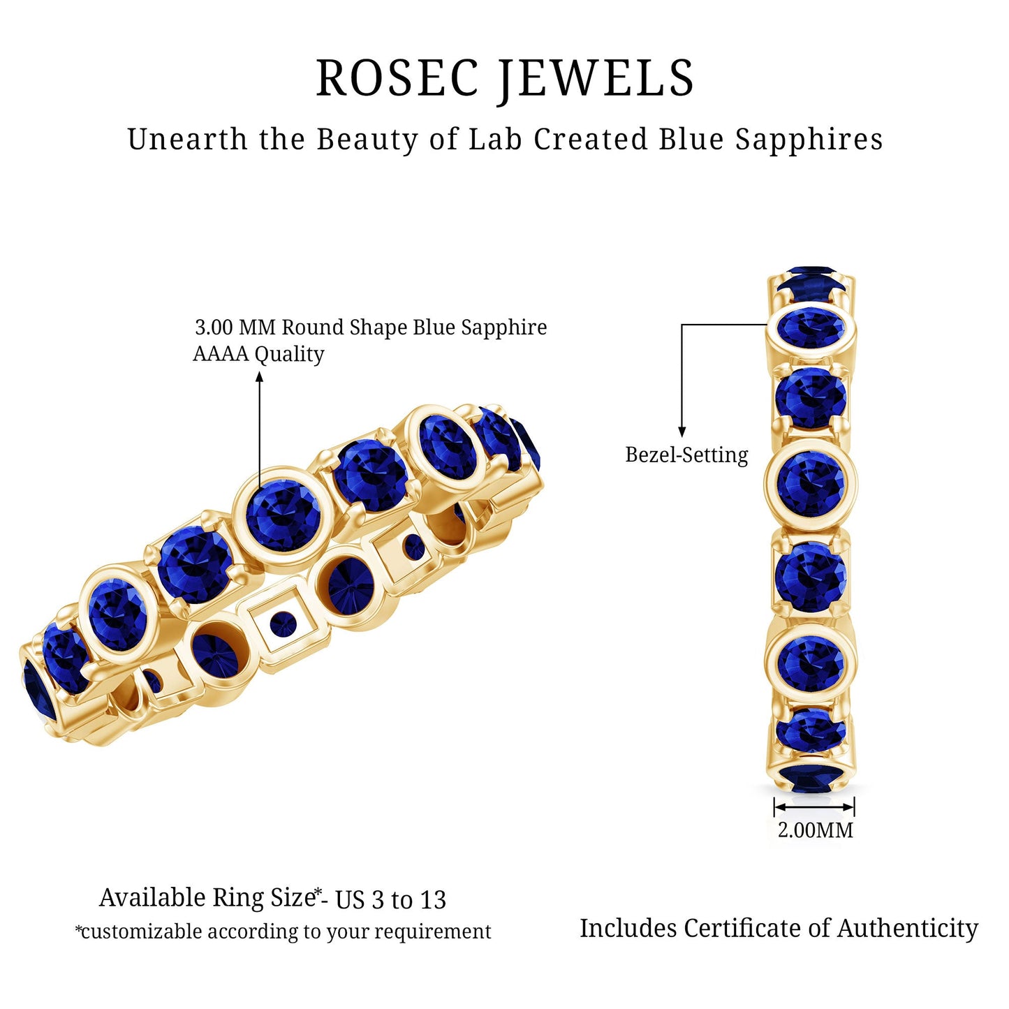 Certified Round Cut Lab Grown Blue Sapphire Eternity Band Ring
