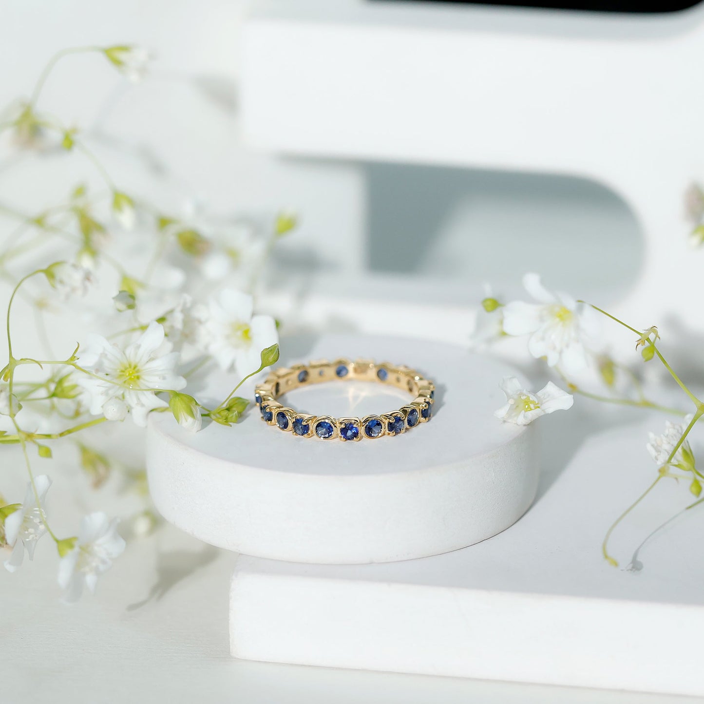 Certified Round Cut Lab Grown Blue Sapphire Eternity Band Ring