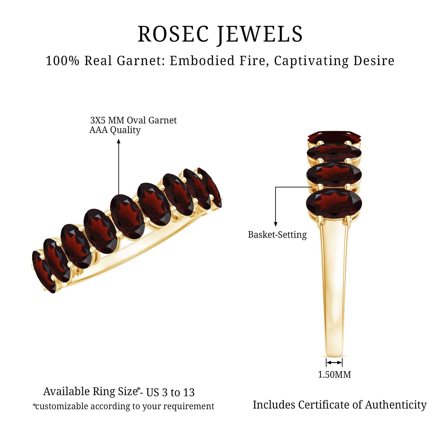 Genuine Oval Shape Garnet Half Eternity Ring