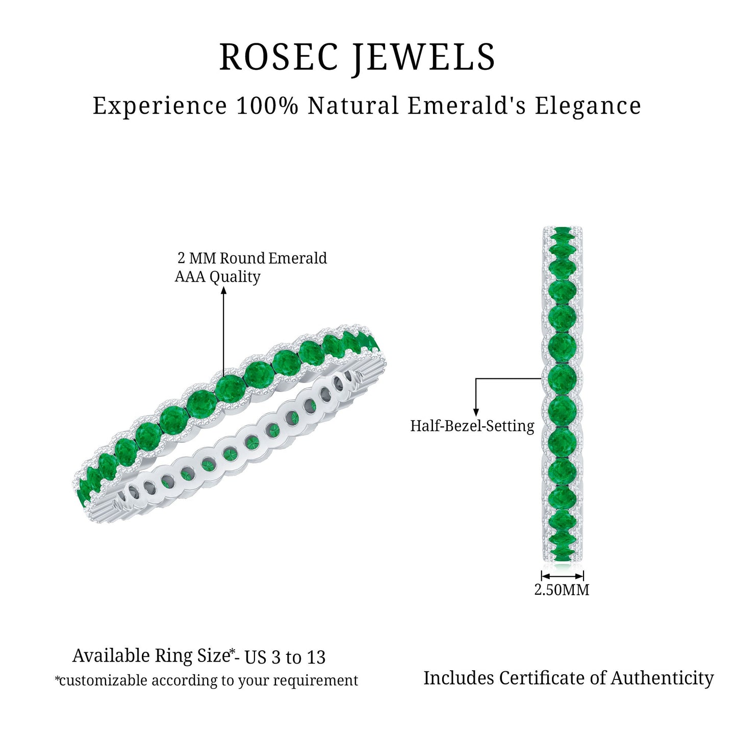 Beaded Bezel Set Emerald Full Eternity Stackable Ring