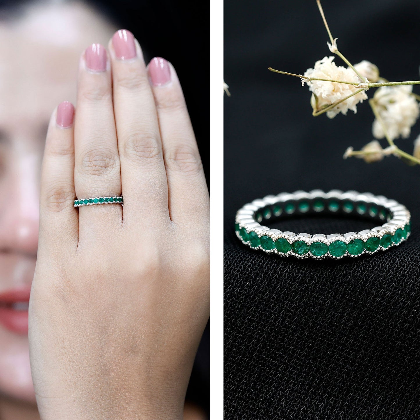 Beaded Bezel Set Emerald Full Eternity Stackable Ring