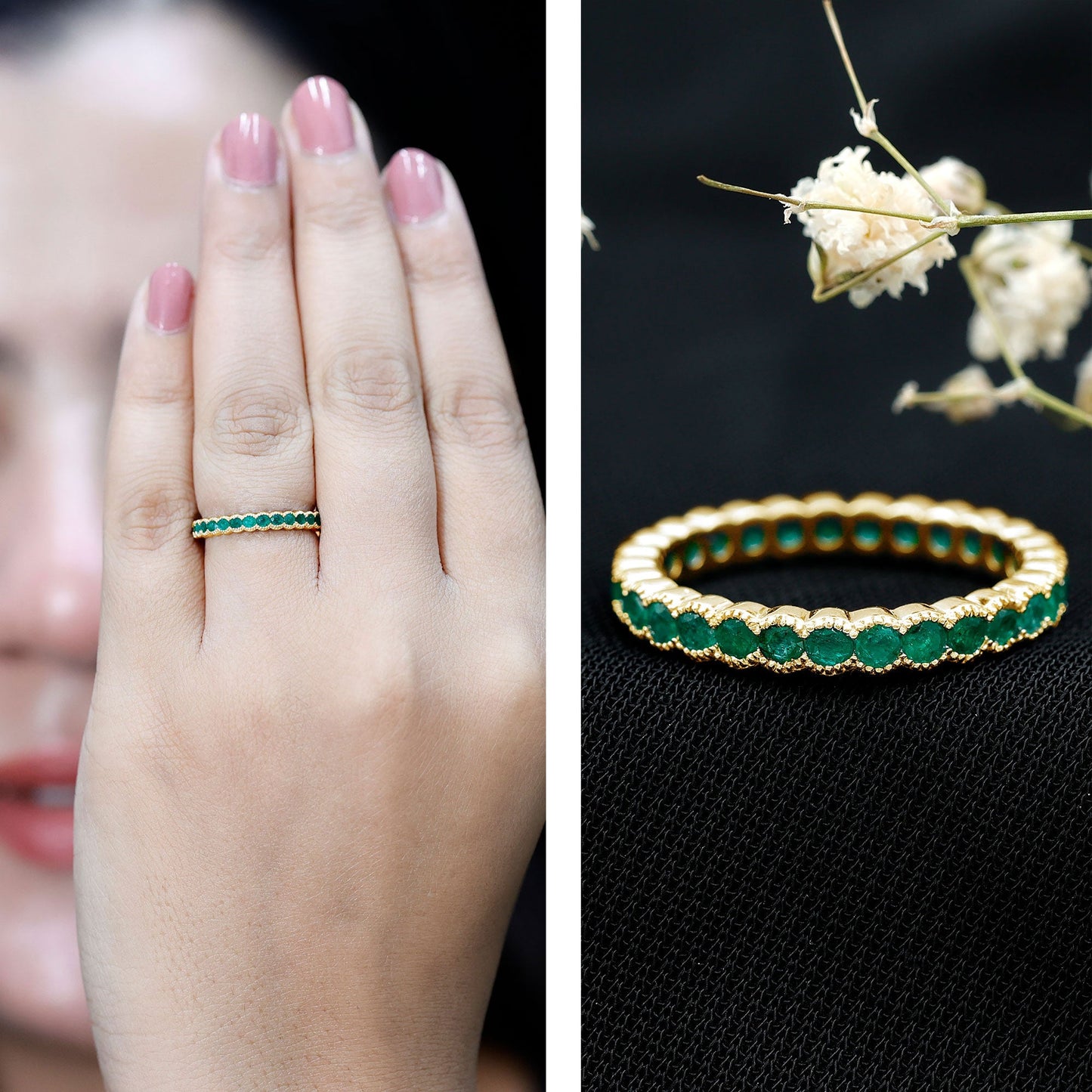 Beaded Bezel Set Emerald Full Eternity Stackable Ring