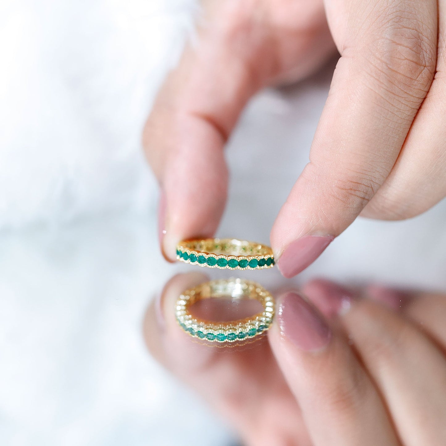 Beaded Bezel Set Emerald Full Eternity Stackable Ring