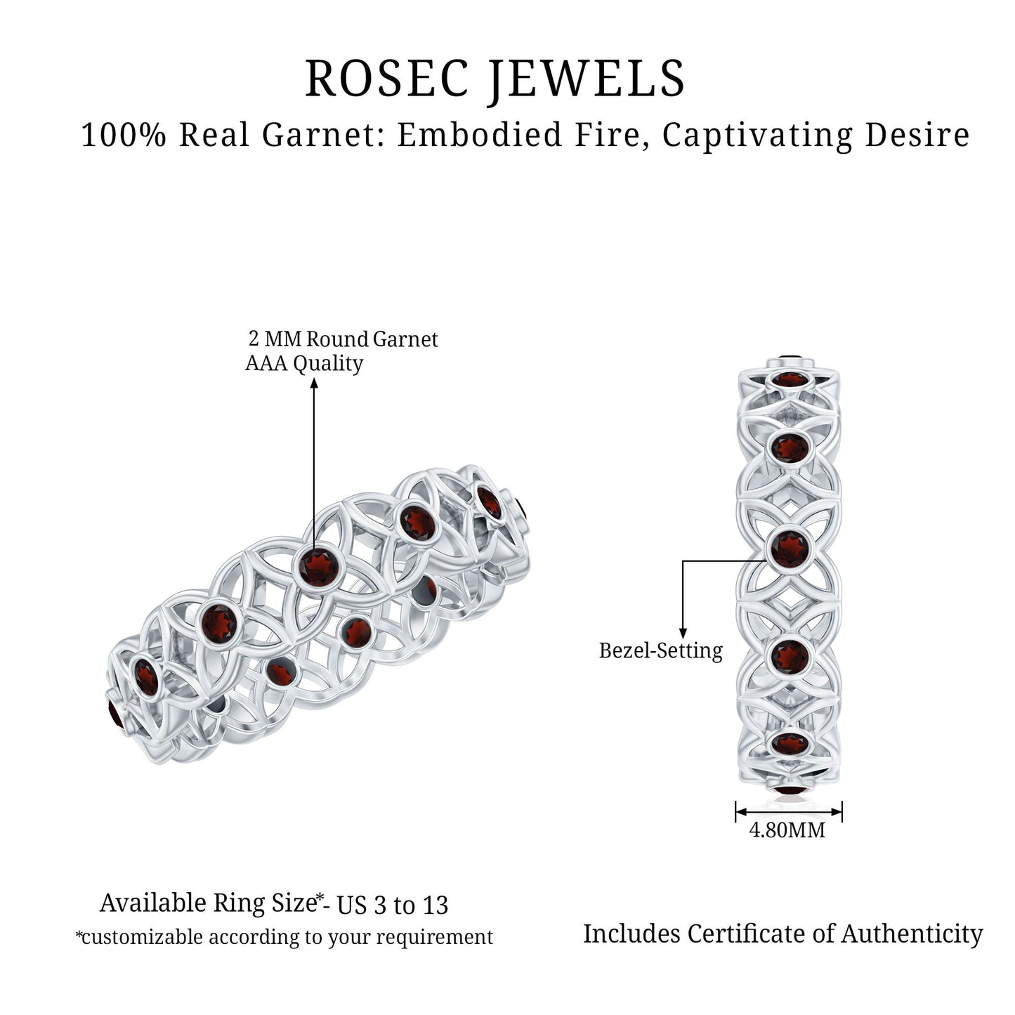 Certified Natural Garnet Flower Wedding Band