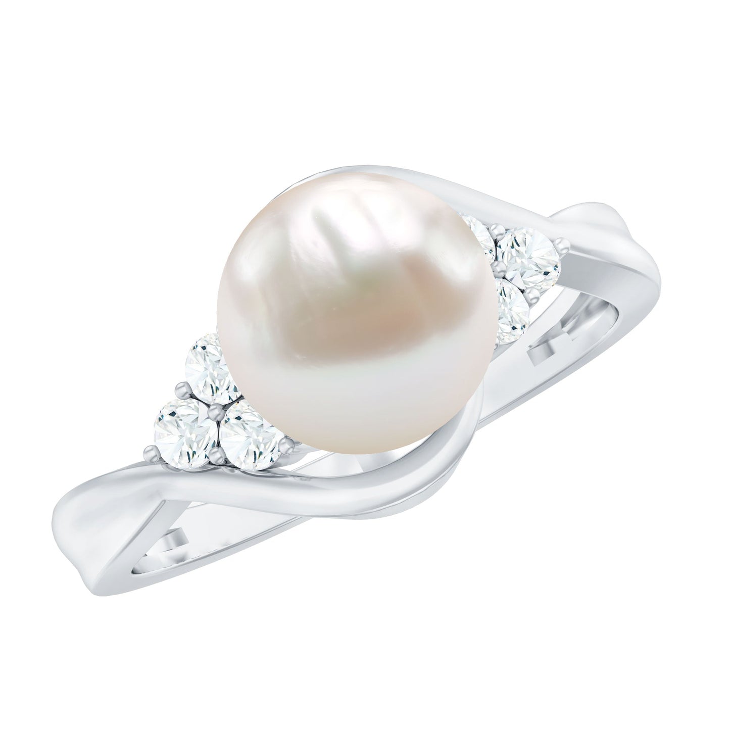 Natural 7.4 Carat Freshwater Pearl Engagement Ring with Diamond Trio