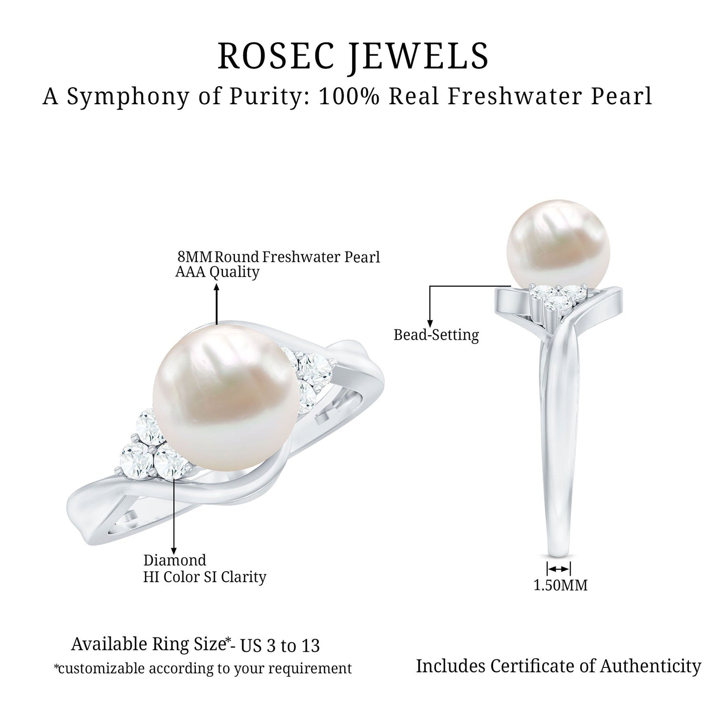 Natural 7.4 Carat Freshwater Pearl Engagement Ring with Diamond Trio
