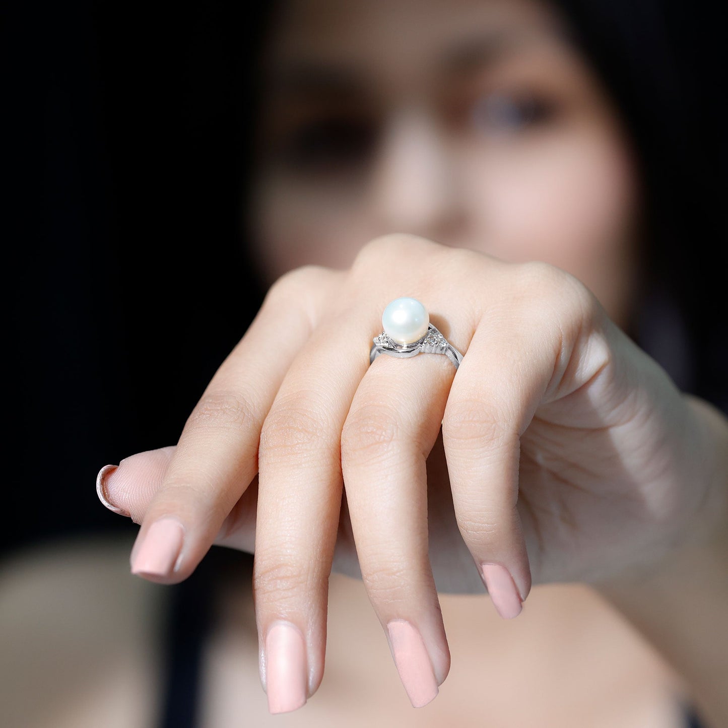 Natural 7.4 Carat Freshwater Pearl Engagement Ring with Diamond Trio