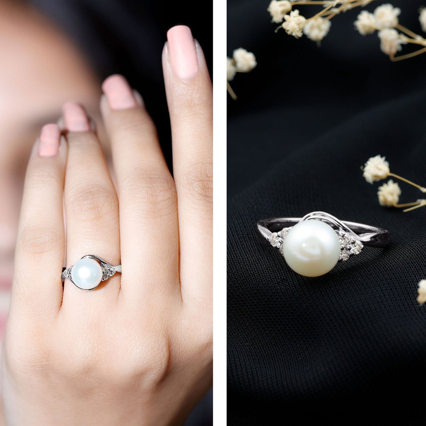 Natural 7.4 Carat Freshwater Pearl Engagement Ring with Diamond Trio