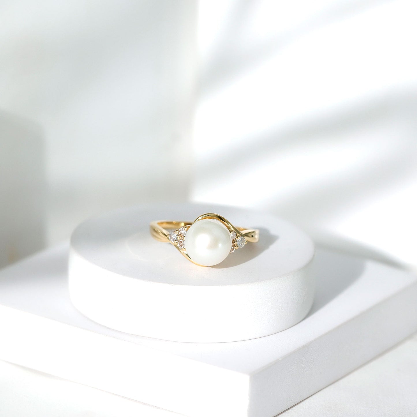 Natural 7.4 Carat Freshwater Pearl Engagement Ring with Diamond Trio