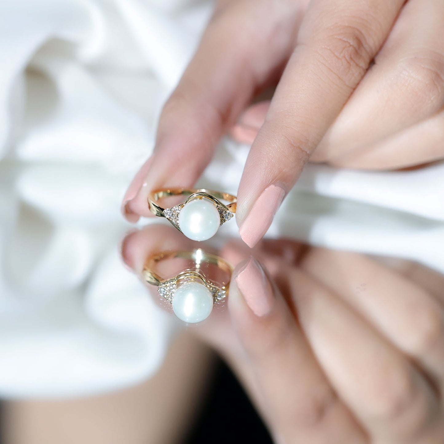 Natural 7.4 Carat Freshwater Pearl Engagement Ring with Diamond Trio