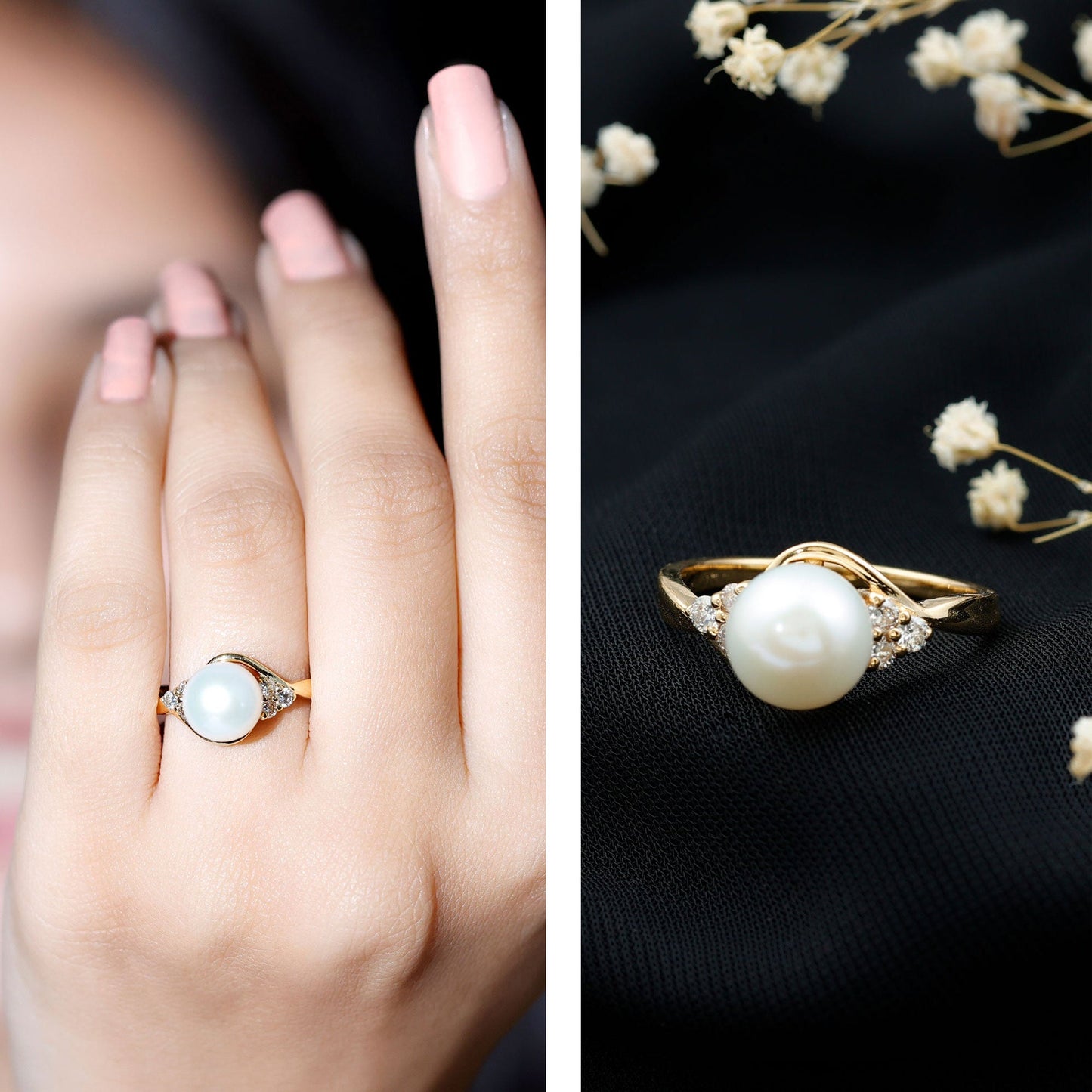 Natural 7.4 Carat Freshwater Pearl Engagement Ring with Diamond Trio