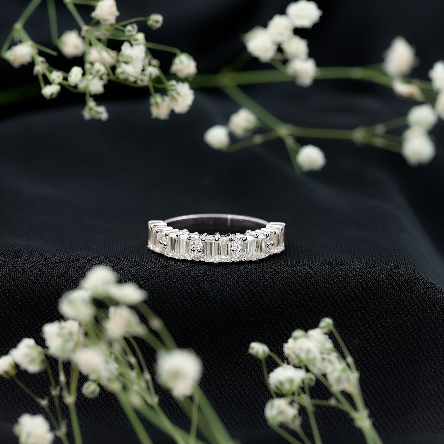 Baguette and Round Moissanite Half Eternity Band Ring
