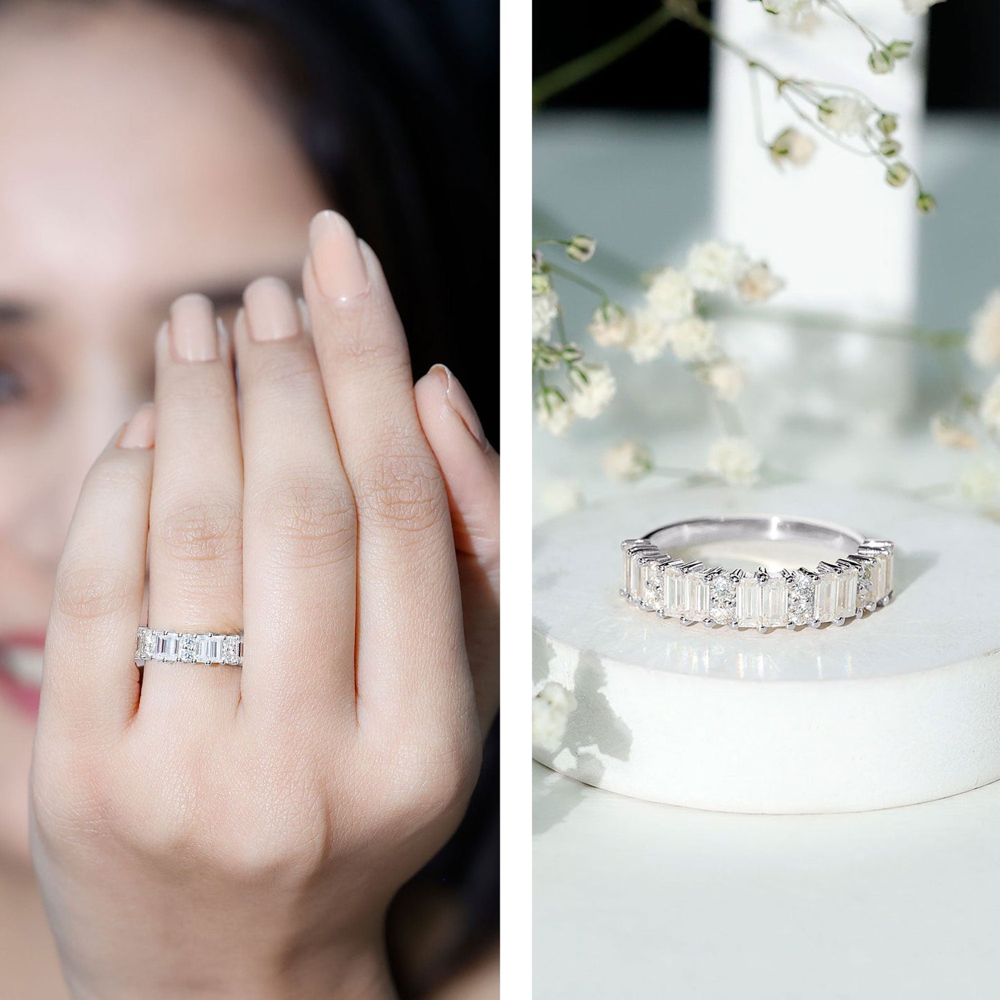 Baguette and Round Moissanite Half Eternity Band Ring