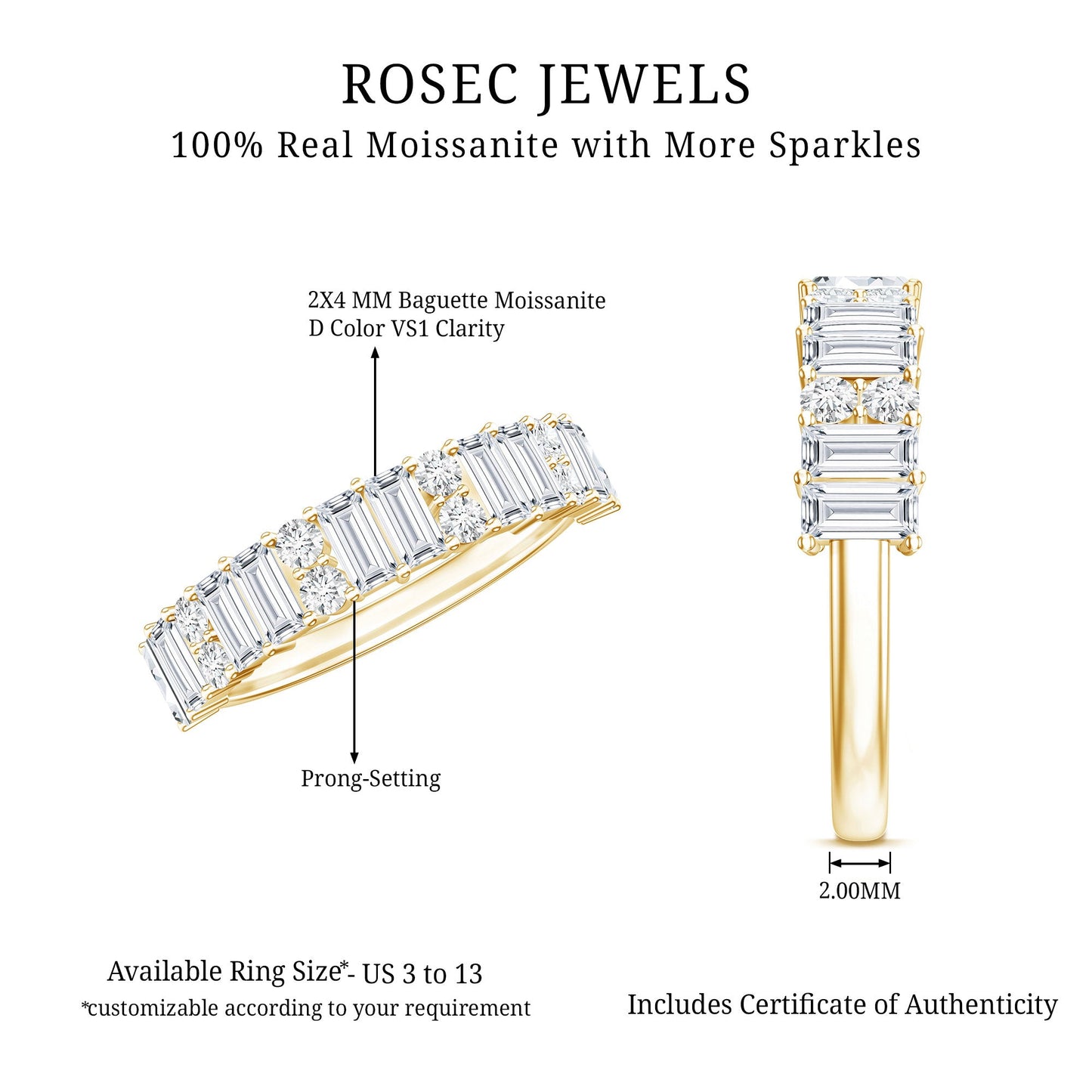 Baguette and Round Moissanite Half Eternity Band Ring
