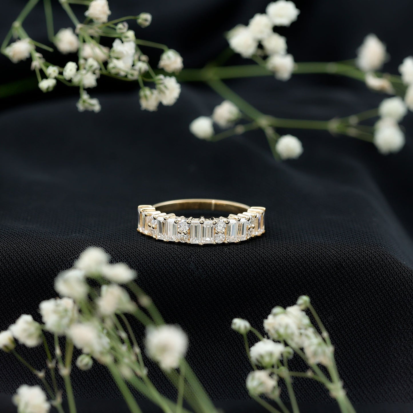 Baguette and Round Moissanite Half Eternity Band Ring