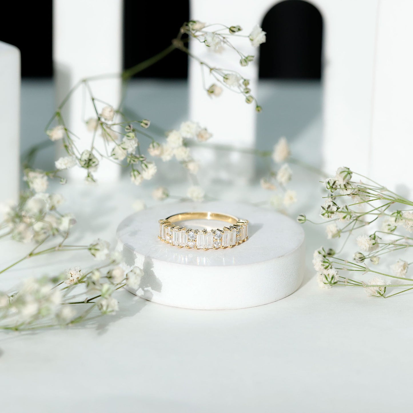 Baguette and Round Moissanite Half Eternity Band Ring