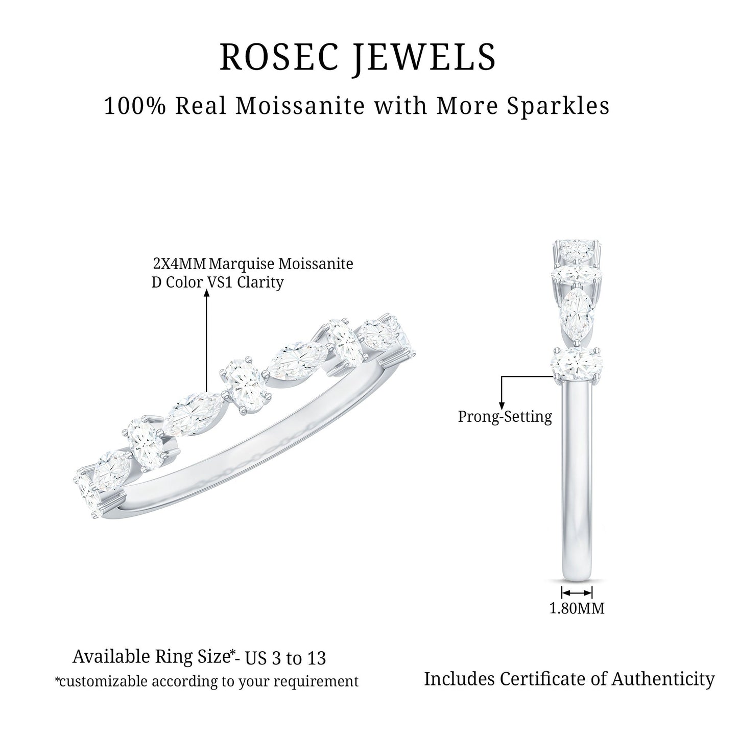 Marquise and Oval Shape Moissanite Half Eternity Ring